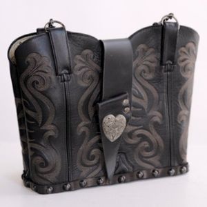 “Gunmetal and Roses” Black Cowboy Boot Purse